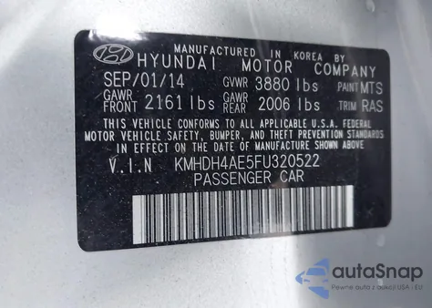 2015 Hyundai Elantra Se from USA, damaged, VIN KMHDH4AE5FU320522